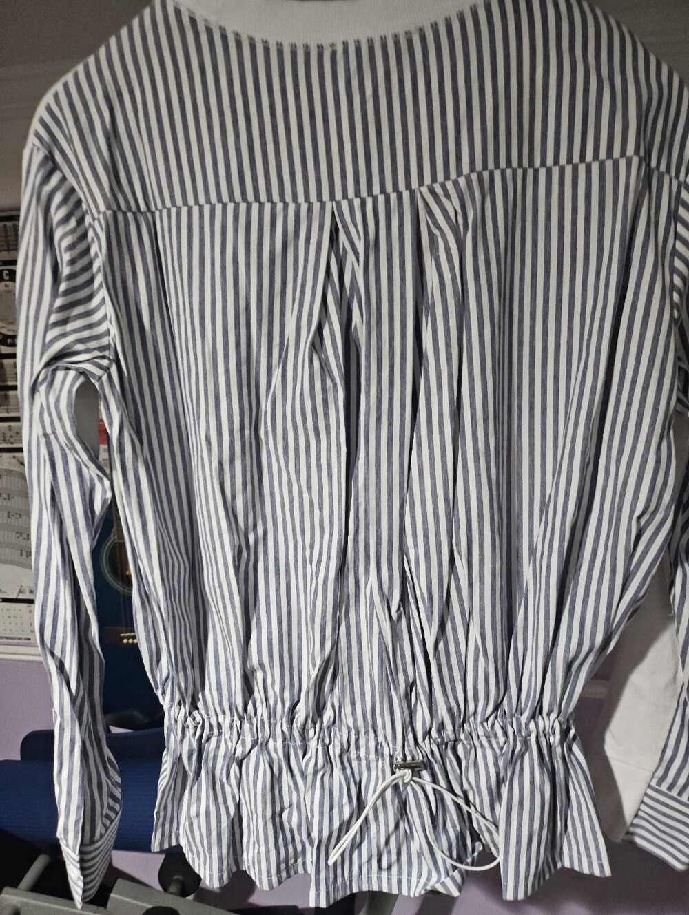 Promesa Blue and White Striped Drawstring Waist Long Sleeve Blouse